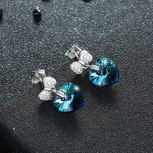 925 Sterling Silve Sparkling Elegant Noble Romantic Sweet Bowknot and Heart Shape Butterfly Earrings with Blue Austrian Element Crystal - Glamorousky