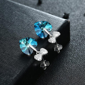 925 Sterling Silve Sparkling Elegant Noble Romantic Sweet Bowknot and Heart Shape Butterfly Earrings with Blue Austrian Element Crystal - Glamorousky