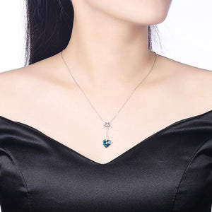 925 Sterling Silver Sparkling Fashion Elegant Romantic Star and Heart Shape Pendant and Necklace with Blue Austrian Element Crystal - Glamorousky