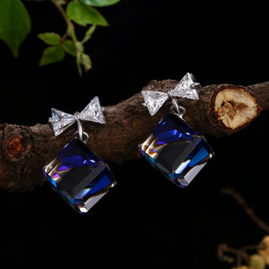 925 Sterling Silver Elegant Fashion Bowknot and Blue Cube Sugar Earrings with Austrian Element Crystal - Glamorousky