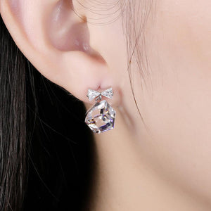925 Sterling Silver Elegant Fashion Bowknot and Blue Cube Sugar Earrings with Austrian Element Crystal - Glamorousky