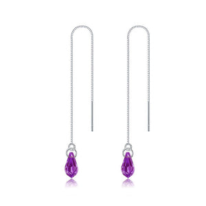 925 Sterling Silver Simple Water Drop Shape Purple Austrian Element Crystal Tassel Earrings - Glamorousky