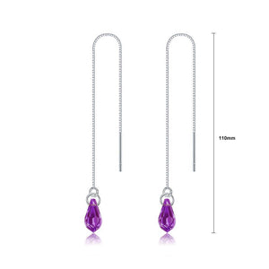 925 Sterling Silver Simple Water Drop Shape Purple Austrian Element Crystal Tassel Earrings - Glamorousky