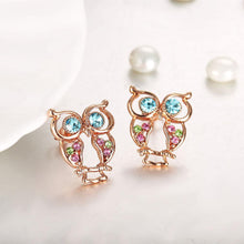 Load image into Gallery viewer, Fashion Cute Plated Rose Gold Owl Stud Earrings with Colorful Austrian Element Crystals - Glamorousky