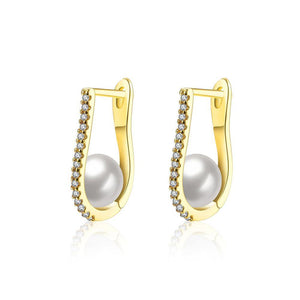 Elegant and Fashion Plated Gold Pearl Earrings with Cubic Zircon - Glamorousky
