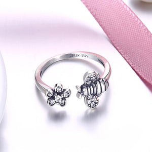 925 Sterling Silver Vintage Little Bee Cubic Zircon Adjustable Ring - Glamorousky