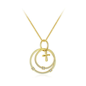 Simple Plated Gold Cross Circle Pendant with Austrian Element Crystal and Necklace - Glamorousky