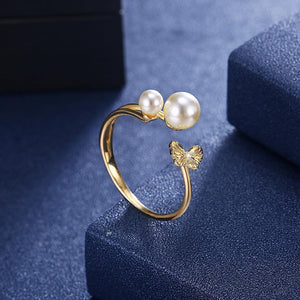 925 Sterling Silver Gold Plated Elegant Fashion Butterfly Adjustable Pearl Ring - Glamorousky