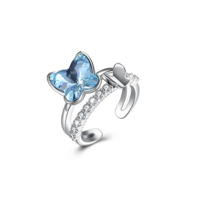 925 Sterling Silve Elegant Romantic Sweet Fantasy Butterfly Adjustable Opening Ring with Blue Austrian Element Crystal - Glamorousky