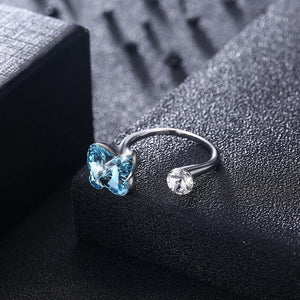 925 Sterling Silve Elegant Romantic Sweet Fantasy Butterfly Adjustable Opening Ring with Blue Austrian Element Crystal - Glamorousky