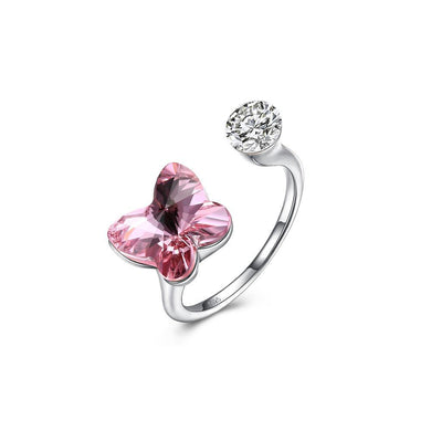 925 Sterling Silve Elegant Romantic Sweet Pink Austrian Element Crystal Butterfly Adjustable Opening Ring - Glamorousky
