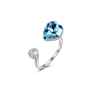 925 Sterling Silve Elegant Romantic Sweet Blue Austrian Element Crystal Heart Shape Adjustable Opening Ring - Glamorousky