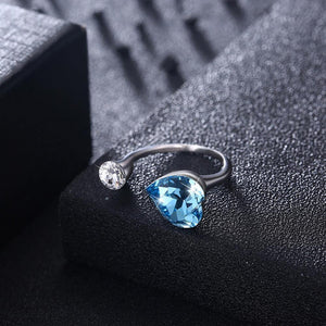 925 Sterling Silve Elegant Romantic Sweet Blue Austrian Element Crystal Heart Shape Adjustable Opening Ring - Glamorousky