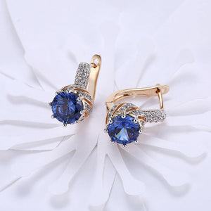 Brilliant and Elegant Plated Champagne Gold Geometric Round Blue Austrian Element Crystal Earrings - Glamorousky