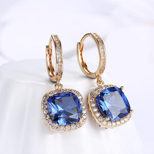Elegant Plated Champagne Gold Geometric Square Blue Cubic Zircon Earrings - Glamorousky