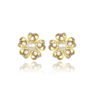Elegant Romantic Sweet Gold Plated Flower Non Natural Pearl Earrings Ear Studs - Glamorousky