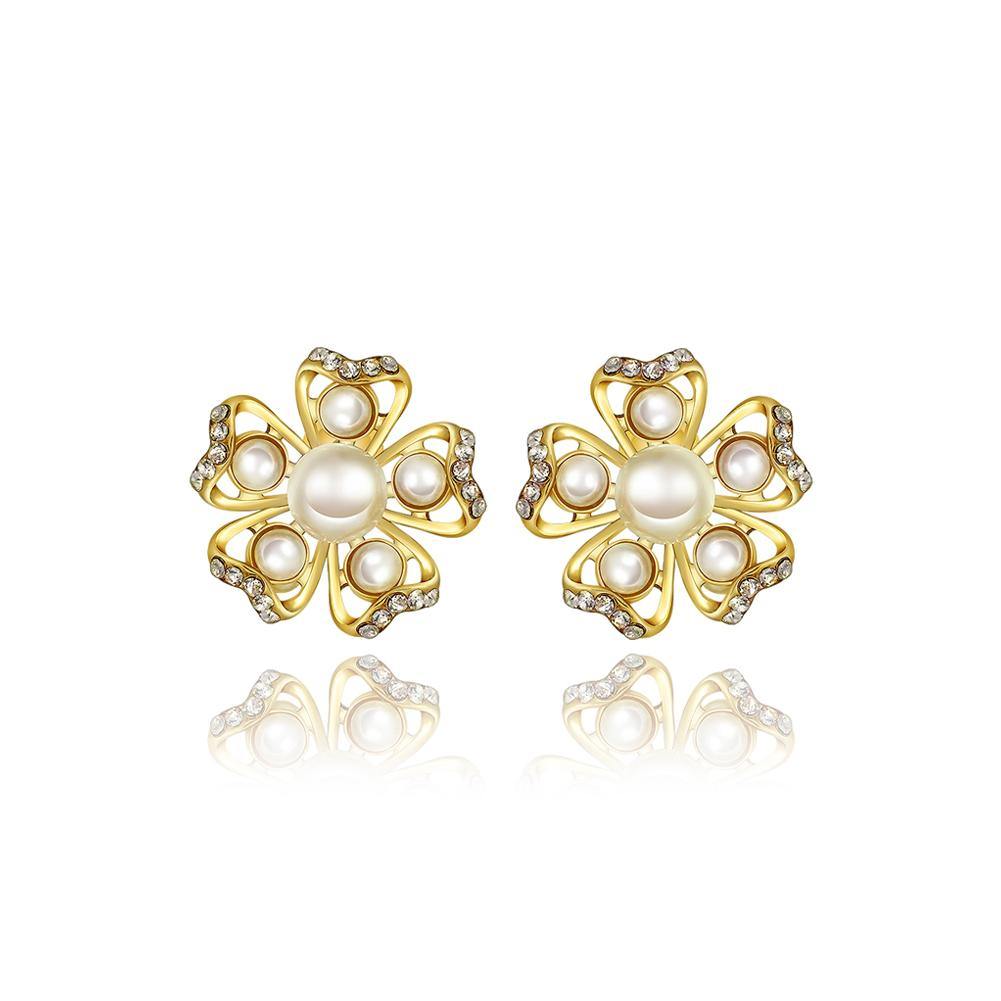 Elegant Romantic Sweet Gold Plated Flower Non Natural Pearl Earrings Ear Studs - Glamorousky