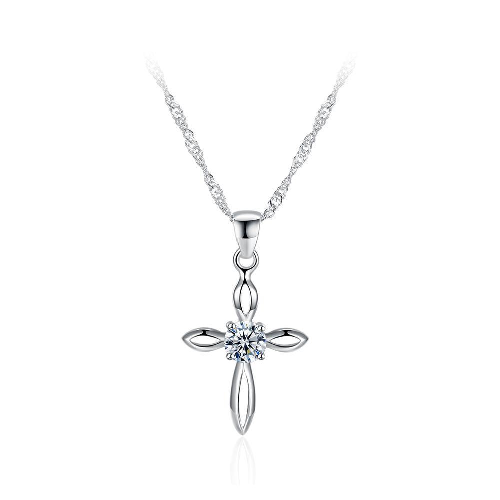 925 Sterling Silver Fashion Simple Cross Cubic Zircon Pendant with Necklace - Glamorousky