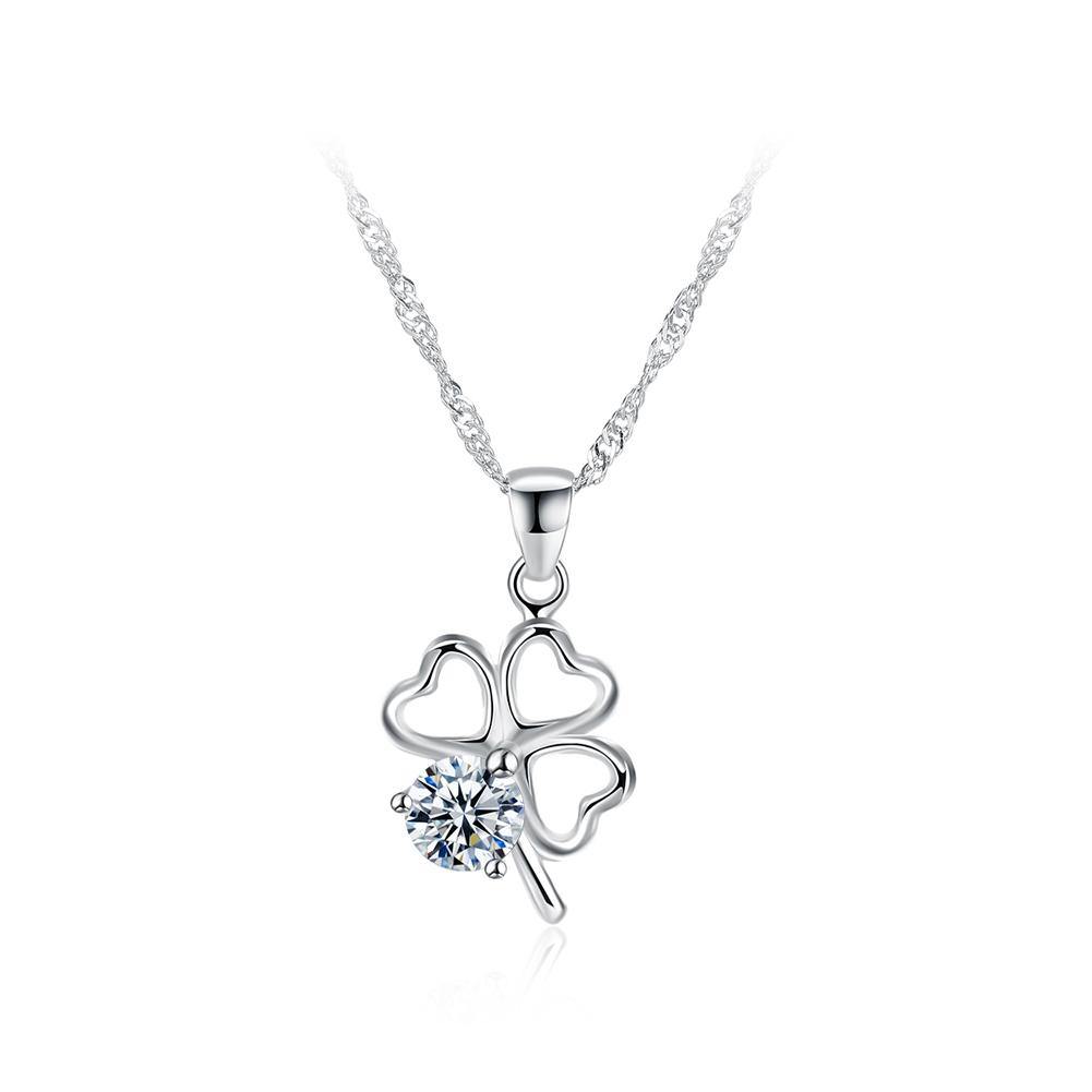 925 Sterling Silver Simple Romantic Four-leafed Clover Pendant with Cubic Zircon and Necklace - Glamorousky