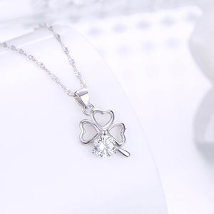 925 Sterling Silver Simple Romantic Four-leafed Clover Pendant with Cubic Zircon and Necklace - Glamorousky