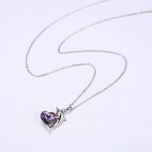 925 Sterling Silver Fashion Dolphin Pendant with Heart-shaped Purple Austrian Element Crystal and Necklace - Glamorousky