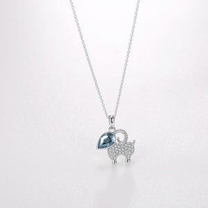 925 Sterling Silver Cute Goat Pendant with Blue Austrian Element Crystal and Necklace - Glamorousky