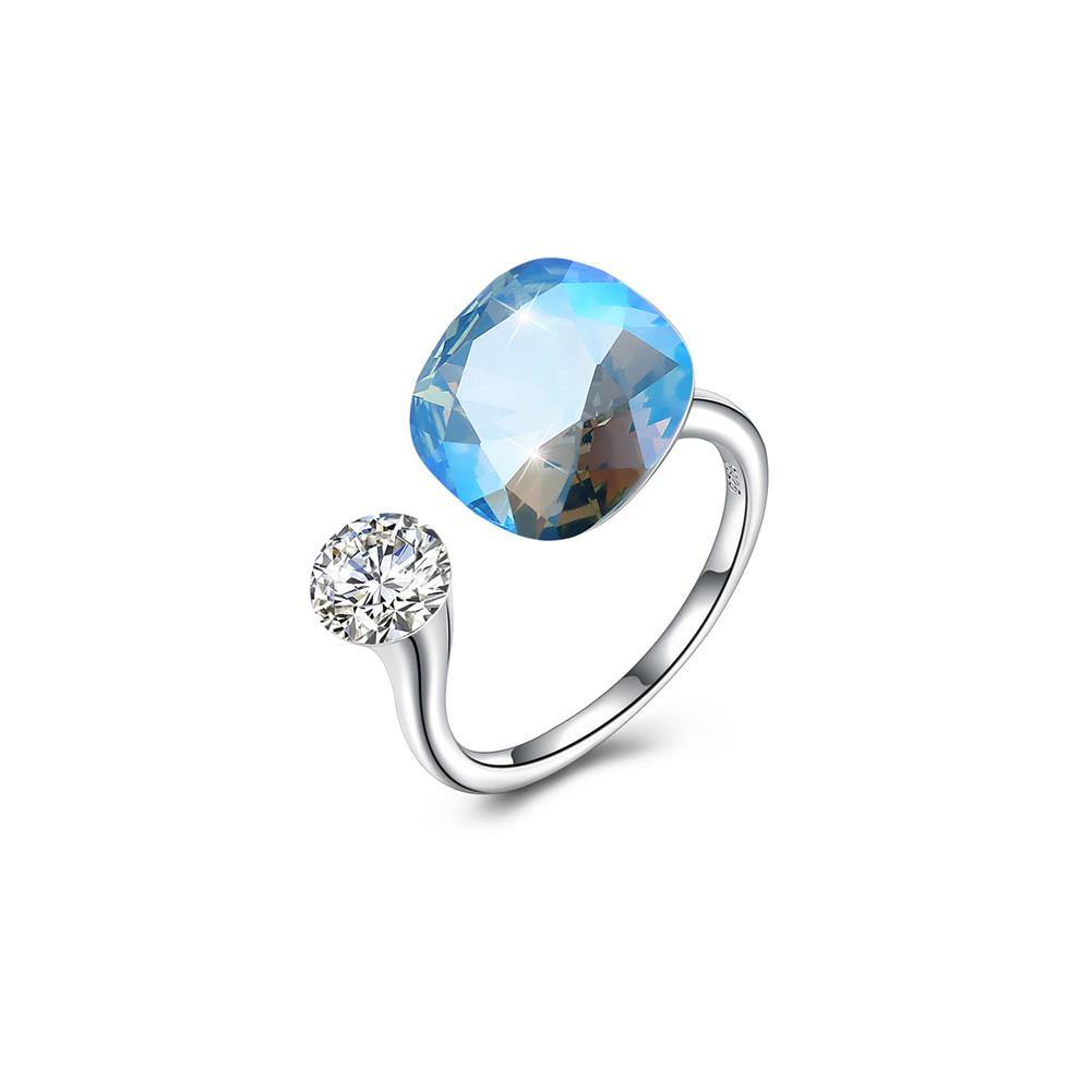 925 Sterling Silver Fashion Simple Blue Austrian Element Crystal Square Adjustable Ring - Glamorousky