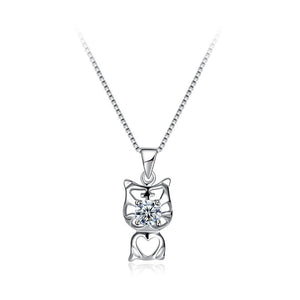 925 Sterling Silver Fashion Cute Cat Pendant with Cubic Zircon and Necklace - Glamorousky