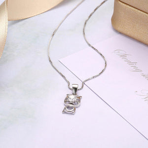 925 Sterling Silver Fashion Cute Cat Pendant with Cubic Zircon and Necklace - Glamorousky