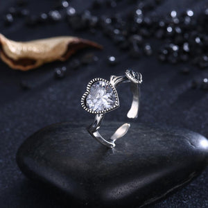 925 Sterling Silver Fashion Vintage Heart Shaped Cubic Zircon Adjustable Ring - Glamorousky