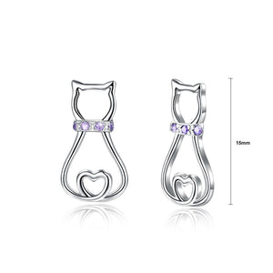 925 Sterling Silver Simple and Cute Cat Stud Earrings with Purple Austrian Element Crystal - Glamorousky