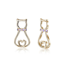Load image into Gallery viewer, 925 Sterling Silver Plated Champagne Gold Simple and Cute Cat Stud Earrings with Purple Austrian Element Crystal - Glamorousky