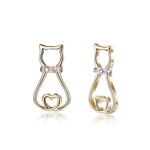 925 Sterling Silver Plated Champagne Gold Simple and Cute Cat Stud Earrings with Purple Austrian Element Crystal - Glamorousky
