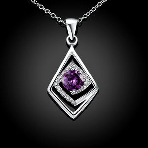 Fashion Classic Geometric Rhombus with Purple Cubic Zircon and Necklace - Glamorousky