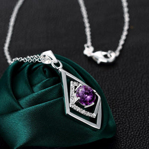 Fashion Classic Geometric Rhombus with Purple Cubic Zircon and Necklace - Glamorousky