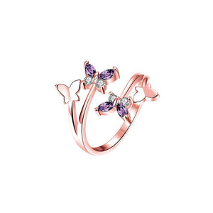 Elegant Plated Rose Gold Butterfly Adjustable Ring with Purple Austrian Element Crystal - Glamorousky