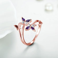 Load image into Gallery viewer, Elegant Plated Rose Gold Butterfly Adjustable Ring with Purple Austrian Element Crystal - Glamorousky