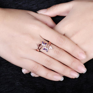 Elegant Plated Rose Gold Butterfly Adjustable Ring with Purple Austrian Element Crystal - Glamorousky