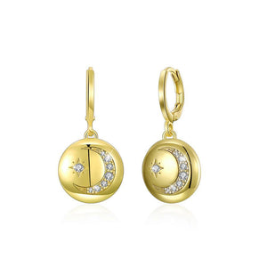 Fashion Plated Gold Star Moon Round Earrings with Austrian Element Crystal - Glamorousky
