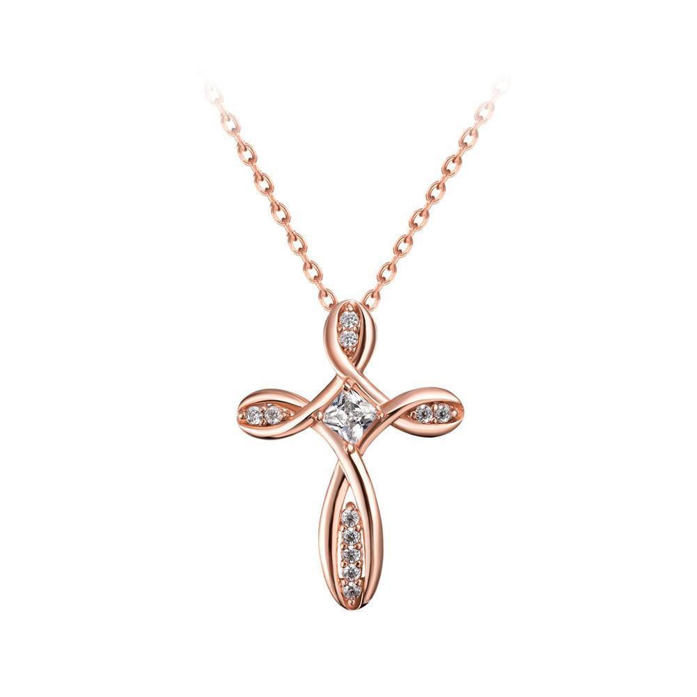 Fashion Elegant Rose Plated Gold Cross Pendant with Cubic Zircon and Necklace - Glamorousky