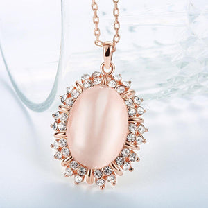 Elegant and Personalized Plated Rose Gold Geometric Pendant with Chrysoberyl Cat Eye Opal and Necklace - Glamorousky