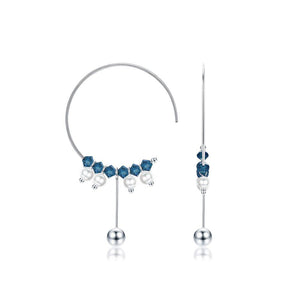 925 Sterling Silver Simple Geometric Circle Tassel Earrings with Blue Austrian Element Crystal - Glamorousky