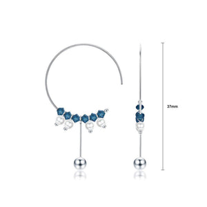 925 Sterling Silver Simple Geometric Circle Tassel Earrings with Blue Austrian Element Crystal - Glamorousky