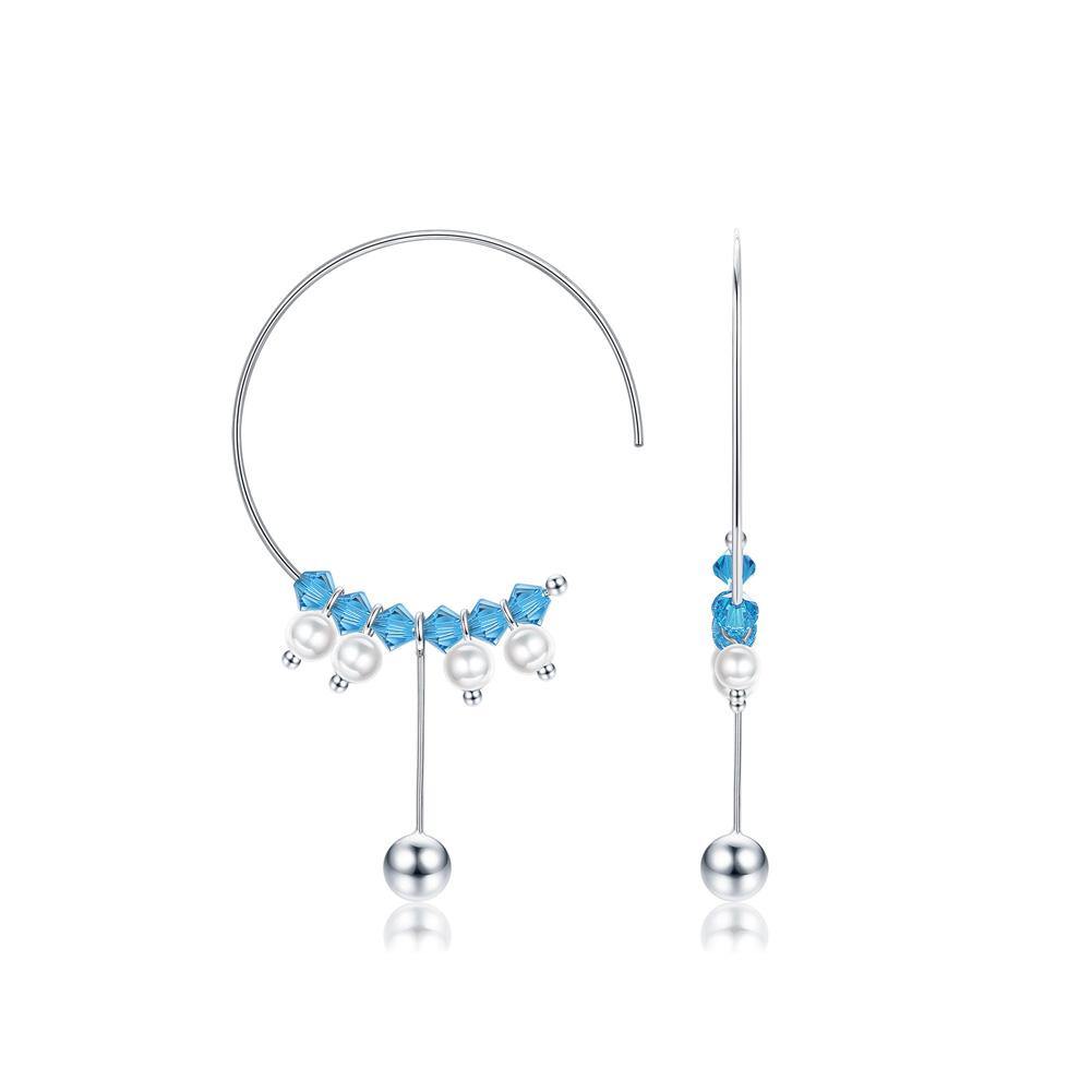 925 Sterling Silver Simple Geometric Circle Tassel Earrings with Light Blue Austrian Element Crystal - Glamorousky