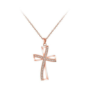 Elegant and Fashion Plated Rose Gold Cross Pendant with White Cubic Zircon and Necklace - Glamorousky