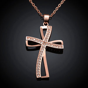 Elegant and Fashion Plated Rose Gold Cross Pendant with White Cubic Zircon and Necklace - Glamorousky