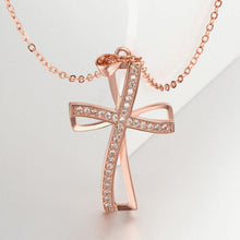 Load image into Gallery viewer, Elegant and Fashion Plated Rose Gold Cross Pendant with White Cubic Zircon and Necklace - Glamorousky
