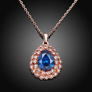 Elegant Plated Rose Gold Water Drop Pendant with Blue Cubic Zircon and Necklace - Glamorousky