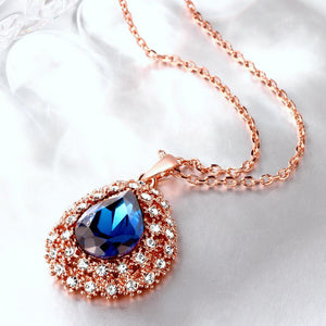 Elegant Plated Rose Gold Water Drop Pendant with Blue Cubic Zircon and Necklace - Glamorousky
