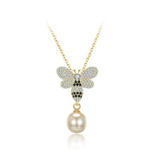 Load image into Gallery viewer, 925 Sterling Silver Plated Gold Brilliant Bee Pearl Pendant with Austrian Element Crystal and Necklace - Glamorousky